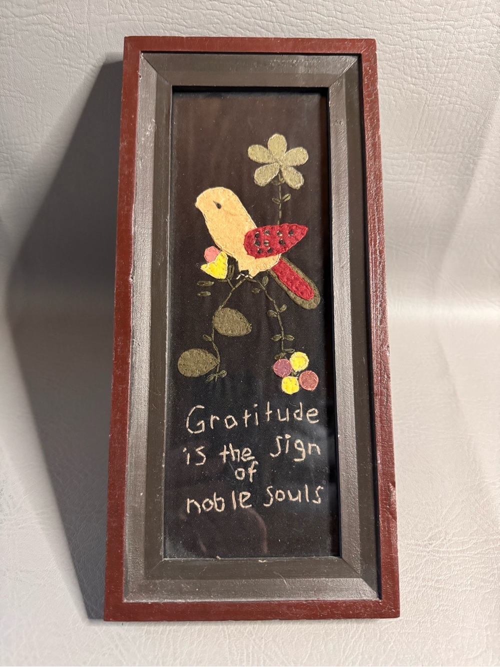 Embroidered Felt Folk Art Bird Flowers Picture Gratitude Framed 13x6 Cottagecore